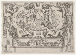 Buste van een vrouw geflankeerd door drie vrouwen aan elke kant, binnen een uitgebreid kader, ca. 1540-80 door Battista del Moro