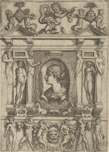 Buste van een vrouw in profiel naar links, in een sierlijk kader met figuren, ca. 1540-80 door Battista del Moro