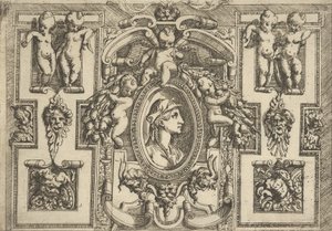 Buste van een vrouw in profiel naar rechts, geplaatst in een sierlijk kader met putti, ..., ca. 1540-80 door Battista del Moro