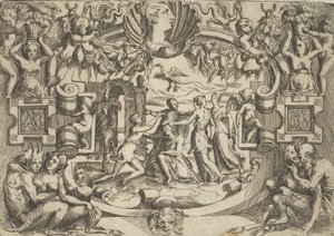 Vier vrouwen rondom een zittend figuur, een vogel boven hen, binnen een ingewikkeld ..., ca. 1540-80