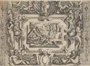 Judith en dienstmeid met het hoofd van Holofernes, binnen een uitgebreide lijst door Battista del Moro