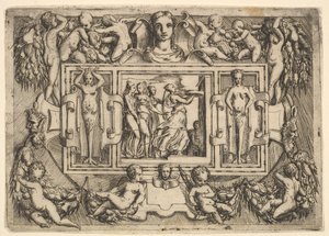 De Cumeaean sibyl loopt naar rechts en draagt een dienblad, gevolgd door drie vrouwen door Battista del Moro