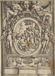 Het Oordeel van Paris, man zittend links reikt uit naar een vrouw die geflankeerd wordt door, ca. 1540-80 door Battista del Moro