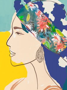 Vrouw met bloemenprintsjaal