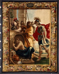 Diogene en Alexander: ontmoeting tussen de Griekse filosoof Diogene de Sinope (413-327 v.Chr.) in zijn ton en koning Alexander de Grote (356-323 v.Chr.) in Korinthe. Toen de veroveraar hem vroeg wat hij wilde, antwoordde Diogene: "Neem een beetje van mijn  door Belgian School