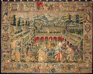 Scène van fruitoogst. Wandtapijt van de manufacturen van Brussel. 16e eeuw Genua, Musei di Strada Nuova