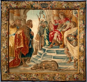 Koning Alexander de Grote ontving een delegatie uit Athene. Wandtapijt gemaakt in de manufacturen van Brussel. 16e eeuw Genua, Musei di Strada Nuova
