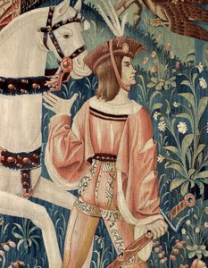 Middeleeuwen: het begin van de valkenjacht, te paard. Detail van een zijde- en wolwandtapijt uit het begin van de 16e eeuw. Uit Henegouwen. Parijs, Nationaal Museum van de Middeleeuwen, Thermes de Cluny door Belgian School