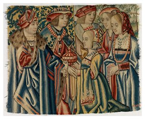 Tapijtfragment met het huwelijk van Lodewijk XII met Jeanne, dochter van Lodewijk XI, uit Brussel door Belgian School