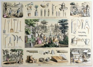Educatieve afbeelding van tuinieren, met illustraties van tuingereedschap en scènes die de juiste activiteiten voor elk seizoen tonen door Belin and Bethmont