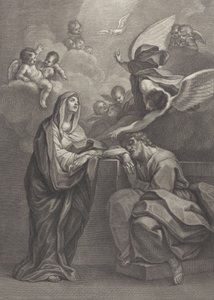 Plaat 6: Droom van Sint Jozef, met de Maagd Maria links en een engel boven die wijst door Benedetto Eredi
