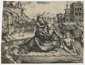 De Heilige Familie met de Jonge Sint Jan in een Landschap, c. 1506-1512 door Benedetto Montagna