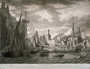 Uitzicht op het Ratcliffe-gebied, Londen, met de ruïnes na de brand van 23 juli, 1794