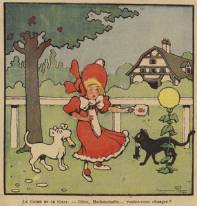 Cartoon van een meisje gevangen tussen haar hond met een bot en haar kat met een muis door Benjamin Rabier