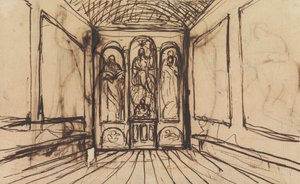 Studie van een Interieurkamer met Religieuze Beelden op de Muurpanelen