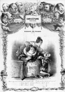 Het huwelijk van Figaro, Acte 11, met de personages Suzanne en de gravin Almaviva: “_ maar zie deze snot hoe mooi als een meisje... zal je niet zo mooi zijn?” illustratie, 1838. door Benjamin Roubaud