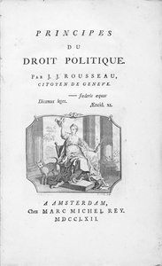Frontispice van "Principes van Politiek Recht" door Jean Jacques Rousseau, met allegorische vignette van Vrijheid, gegraveerd door Borly, gepubliceerd 1762