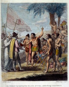 Een Indiase Cacique van het eiland Cuba verwelkomt Christoffel Columbus en Europese militaire en kerkelijke vertegenwoordigers om de oprichting van een nieuwe staat te bespreken door Benjamin West