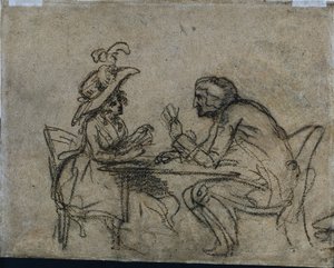 Vrouw en man die kaarten spelen (verso)