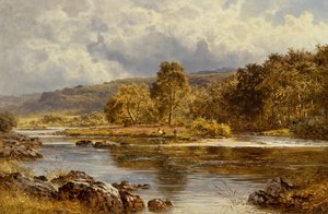 Een eiland op de Llugwy net onder Capel Curig, Noord-Wales door Benjamin Williams Leader