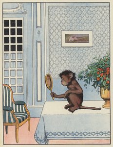 Aap kijkt naar zijn spiegelbeeld in een spiegel