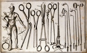 Verschillende soorten tangen en chirurgische instrumenten. Een man draagt verschillende soorten tourniquets en verbanden. Plaat van chirurgie geïllustreerd door Benoist Louis Prevost (1735-1809). 18e eeuw