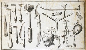 Chirurgische plaat met verschillende soorten chirurgische instrumenten, hamer, schelp, messen, voor het verwijderen van de hersenen. Gravure door Benoit Louis Prevost (1735-1809) 18e eeuw door Benoit Louis Prevost