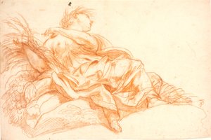 Liggende vrouwenfiguur (Ceres?). Studie voor plafondschildering of deurstuk
