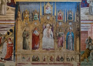 Een nep polyptiek met de Maagd Maria en Kind, S. Antonius van Padua, St. Hiëronymus, St. Jan en St. Lodewijk van Toulouse, Kapel van St. Hiëronymus door Benozzo di Lese di Sandro Gozzoli