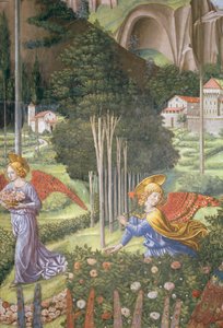 Engel die bloemen verzamelt in een hemels landschap, detail van de Reis van de Wijzen cyclus in de kapel, ca. 1460 (detail) door Benozzo di Lese di Sandro Gozzoli
