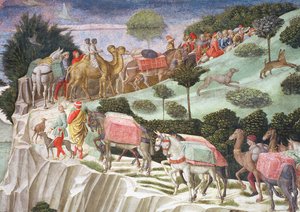 Karavaan van lastdieren die een heuvel beklimmen, detail van de Reis van de Wijzen cyclus in de kapel, ca. 1460 (detail)