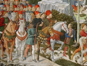 Galeazzo Maria Sforza, Hertog van Milaan (1444-76), uiterst links, op een bruin paard en Sigismondo Pandolfo Malatesta, heerser van Rimini (1417-68) naast hem op een grijs paard, (detail) door Benozzo di Lese di Sandro Gozzoli