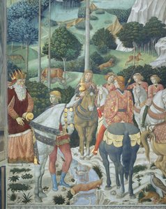 Giuseppe, de patriarch van Constantinopel, als een van de Drie Koningen, detail uit de Reis van de Wijzen-cyclus in de kapel, ca. 1460 (fresco)