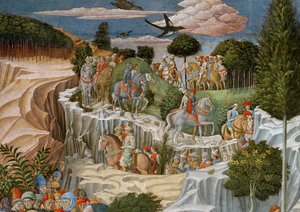 Processie te paard die een heuvel afdaalt, detail van de Reis van de Wijzen cyclus in de kapel, ca. 1460 (detail)