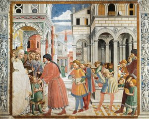 Sint Augustinus door zijn ouders naar de grammaticale leraar in Tagaste gebracht, fresco, Kerk van Sint Augustinus, San Gimignano door Benozzo di Lese di Sandro Gozzoli