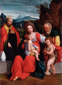 De heilige familie met St. Johannes de Doper als kind en een bisschop door Benvenuto Tisi da Garofalo