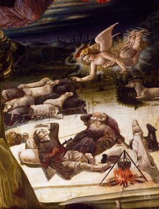 Een engel en herders (detail) van het altaarstuk van de Geboorte, door Benvenuto di Giovanni
