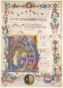 Enkel Blad uit een Antifonarium: Initiaal H[odie nobis] met De Geboorte door Benvenuto di Giovanni