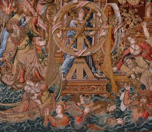 Vlaams wandtapijt. Serie De Eerbewijzen. Fortuna, De weg naar de Eerbewijzen. Vijfde wandtapijt in de serie. door Bernaert van (circle of) Orley