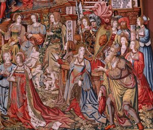 Vlaamse wandtapijt. Serie De Eerbewijzen. Gerechtigheid. Negende wandtapijt in de serie. Model Cartonisten uit de kring van Bernard van Orley en Jan Gossaert (Mabuse). Manufacture Pieter van Aelst, Brussel. Ca 1550. door Bernaert van (circle of) Orley