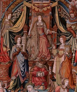 Vlaamse wandtapijt. Serie De Eerbewijzen. Gerechtigheid. Negende wandtapijt in de serie. Model Cartonisten uit de kring van Bernard van Orley en Jan Gossaert (Mabuse). Manufacture Pieter van Aelst, Brussel. Ca 1550. door Bernaert van (circle of) Orley