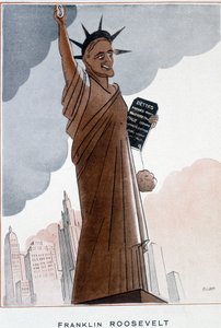 Cartoon van Franklin Roosevelt in Vrijheidsbeeld - Illustratie door Bernard Becan (Bernhard Kahn) (1890-1943) In “Fantasio” van 01/12/1932
