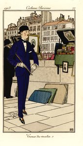 Man in pak, bolhoed en wandelstok loopt langs bouquinistes aan de Seine. Tenue du matin. Handgekleurde pochoir (stencil) ets naar een illustratie van Bernard Boutet de Monvel uit Tommaso Antongini’s Journal des Dames et des Modes, Aux Bureaux du Journa