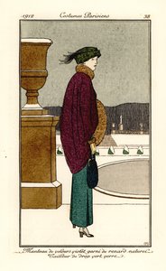 Vrouw in violette fluwelen cape met vossenbont, pak van flesgroene wol, beenkappen door Bernard Boutet de Monvel