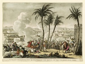 Napoleon verslaat de Mamelukken bij de Slag bij de Piramides, nabij Caïro, gegraveerd door George Cruikshank