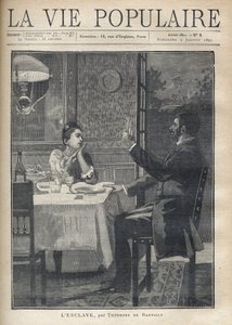 Een vrouw luistert liefdevol en bewonderend naar de toespraak van de man die tegenover haar zit tijdens een diner als koppel. Illustratie van B. Borione van 