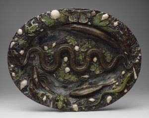 Rustiek Aardewerk: Schotel met Dier- en Plantornamenten, tweede helft van de 16e eeuw door Bernard Palissy