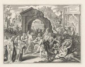 Spotprent op de Schouwburgstrijd, ca. 1685 door Bernard Picart (attributed to)