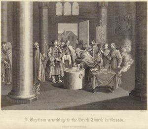 Een doop volgens de Griekse kerk in Rusland door Bernard Picart
