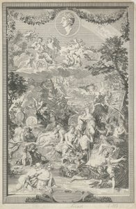 Allegorische titelpagina met verschillende scènes uit de metamorfosen van Ovidius en diens portret door Bernard Picart